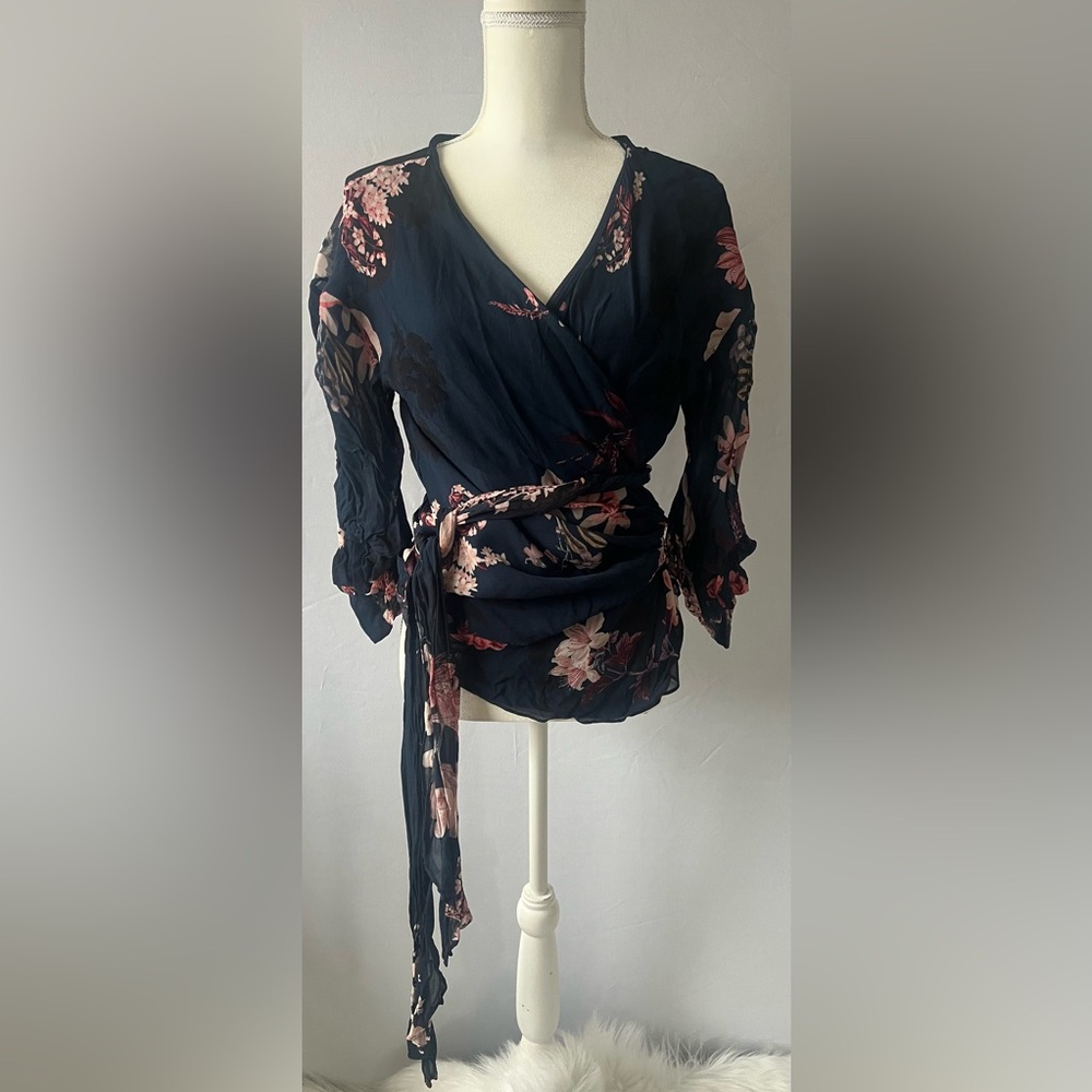 Dark Blue Zara Floral Wrap Flounce-Sleeved Blouse